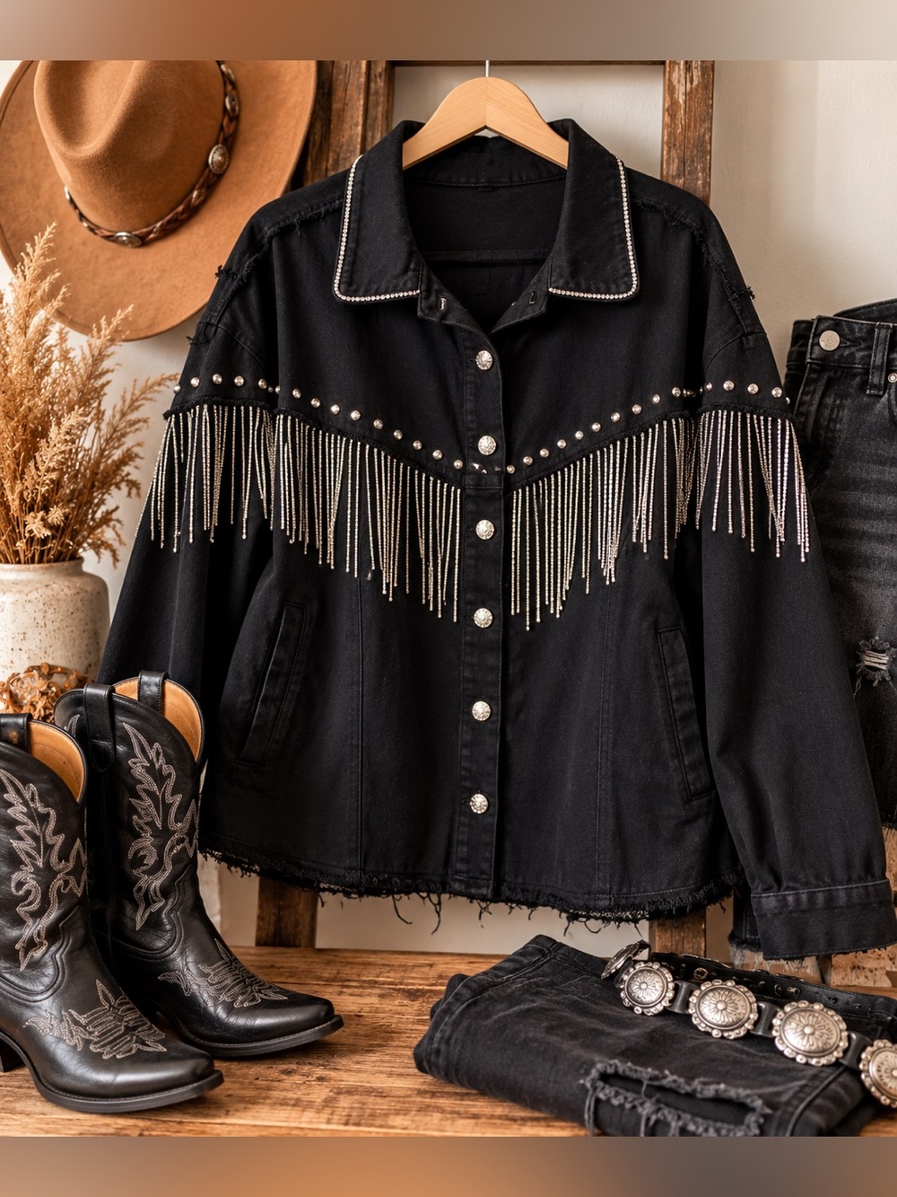 Black Fringe Chain Western Jacket — Women's Statement Coat